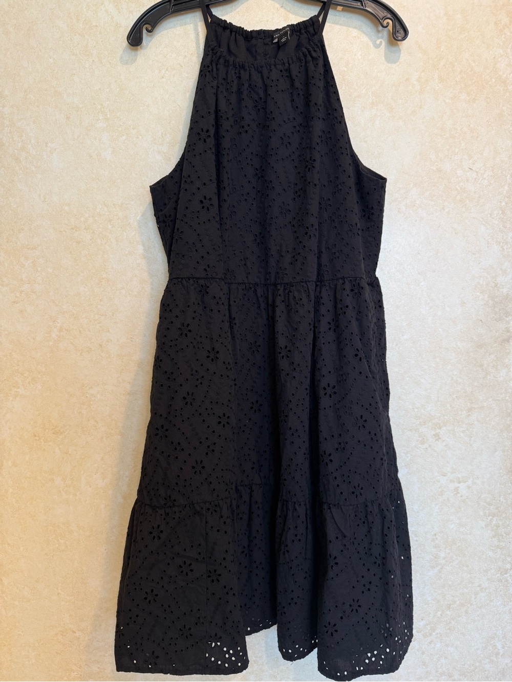 Ann Taylor Black Eyelet Halter Midi Dress with Tiered Skirt
